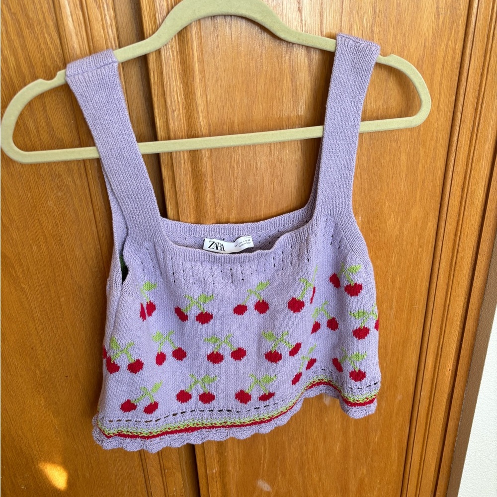 Zara knit purple cherries pattern tank top size large